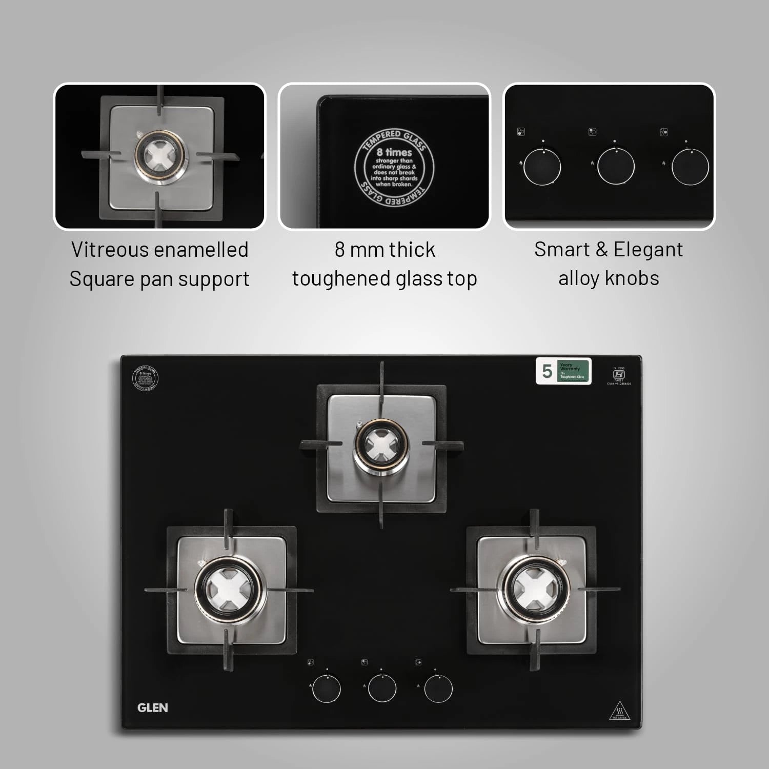 Glen 3 Burner Built-in Hob & Hobtop | 8mm Toughened Glass Top | Auto Ignition | Forged Brass Double Ring Burners | Black | ISI Certified | 2-Year Warranty