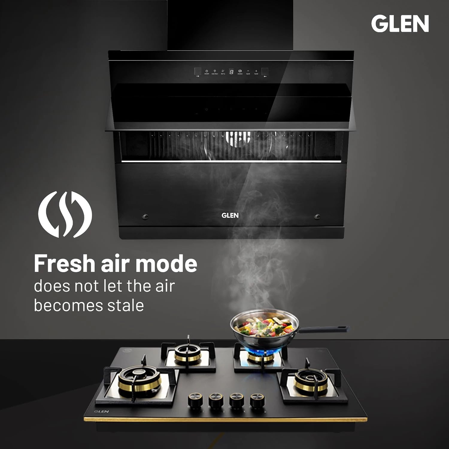 Glen Chimney 75 cm 1600 m³/hr BLDC Filterless Thermal Auto lean Kitchen Chimney | Hood KOPPA HSR 76, Heat Sensor | Aeration technology Auto On/Off | Touch & Gesture Control Black