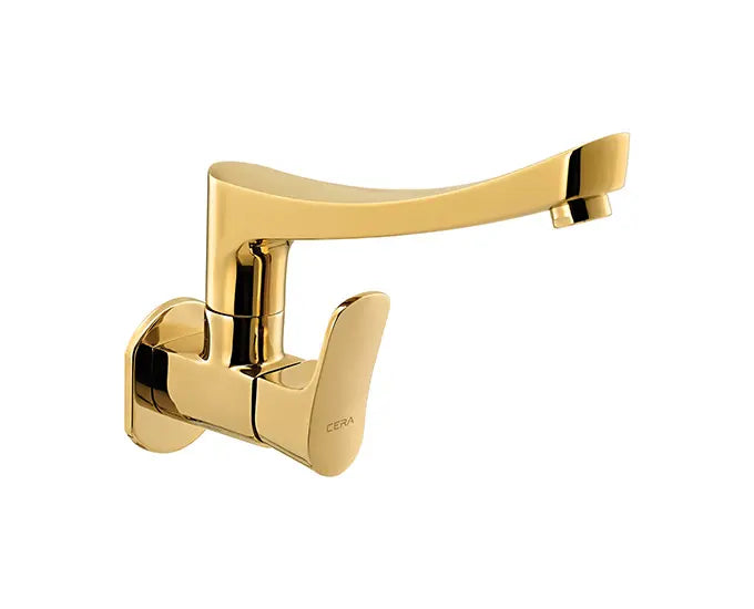 Cera F1012261FG Lustre Perla French Gold Finish Quarter Turn Wall Mounted Sink Cock With 200 mm (8") Long Swivel Spout And Wall Flanges