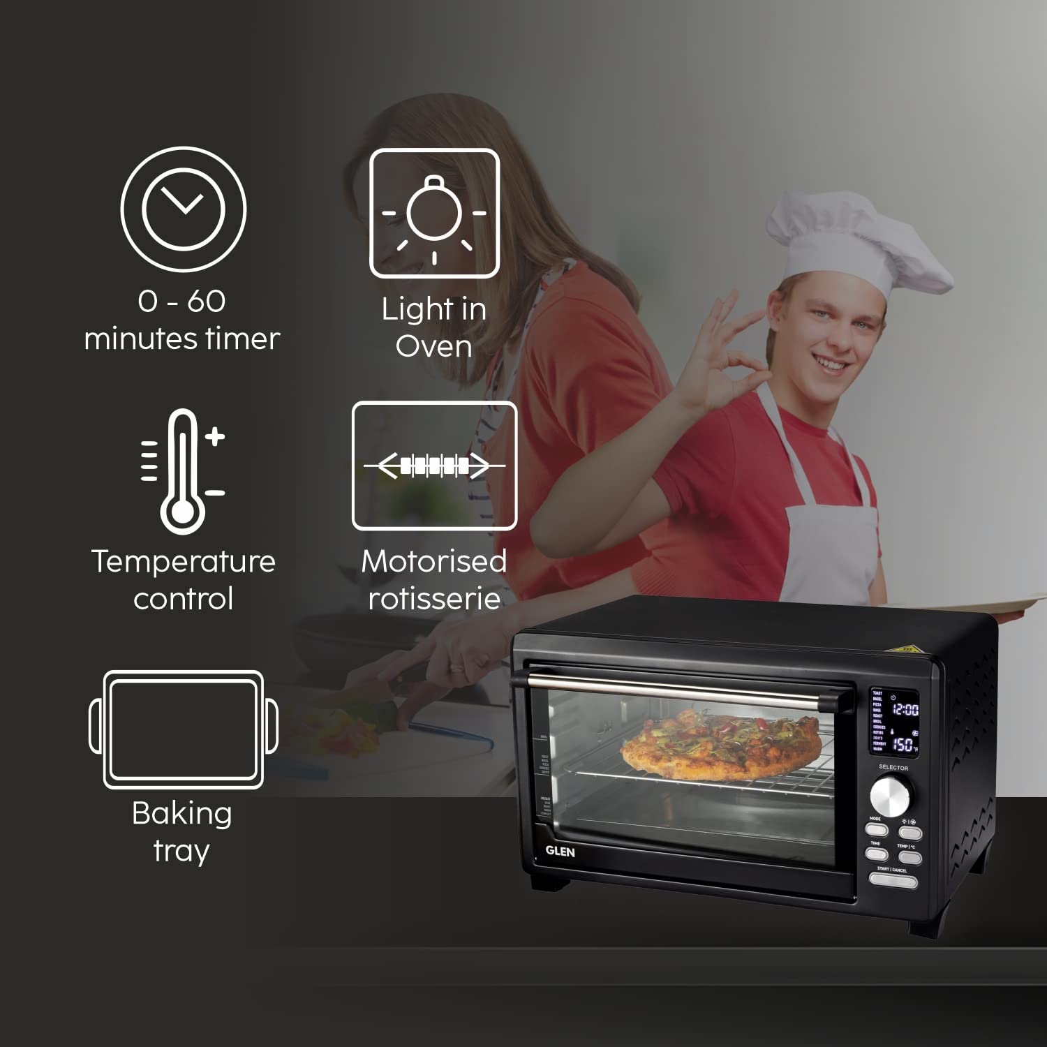 Glen OTG 23 Litres, 1500W Digital, Full Back Convection, Motorized Rotisserie, Black (5023DIGI)