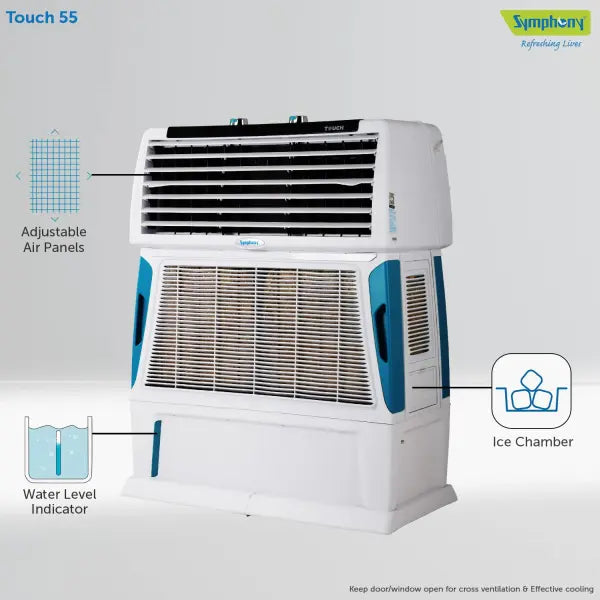Symphony Touch 55 Personal Air Cooler with 4-Side Aspen Pads (55L, White)