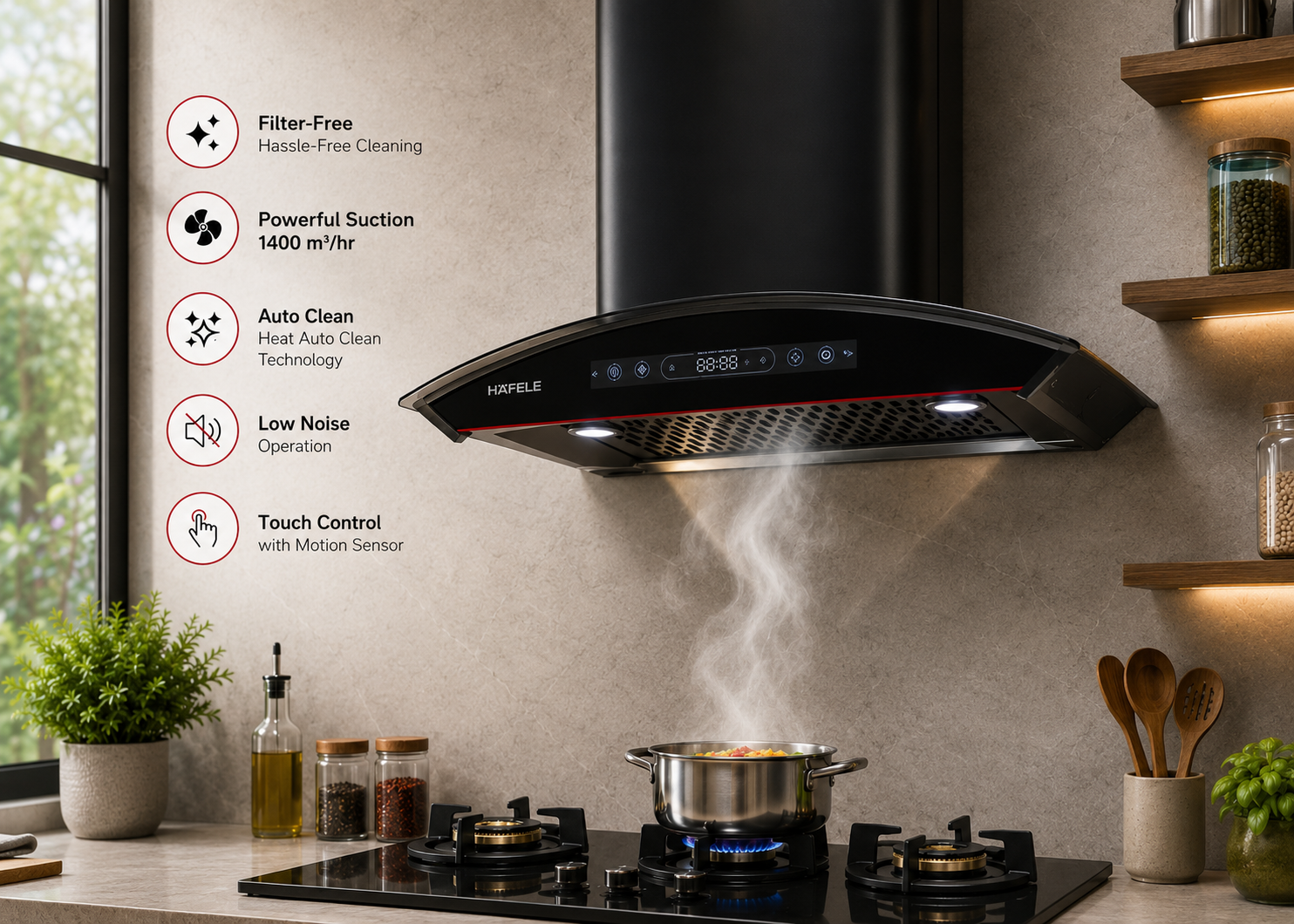 Hafele Renata Curved 60 Filter-Free Auto Clean Chimney | 60cm | Black Curved Glass
