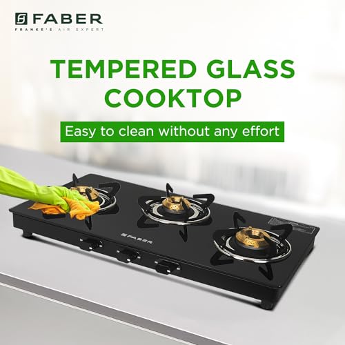 Faber 3 Burner Daisy Pro Cooktop | Free Hose Pipe & Piesco Lighter| Black Glass Top | Powder Coated Pan Support | Manual Ignition | Brass Burners | Cooktop Daisy PRO 3BB | 2 Yrs Comprehensive