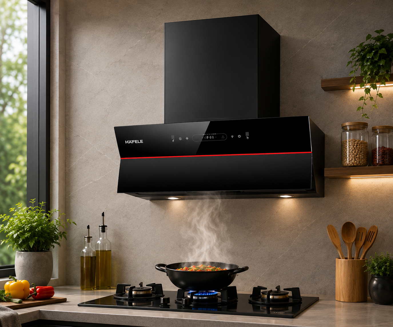 Hafele Renata Inclined 60 Filter-Free Auto Clean Chimney | 60cm | Black Glass