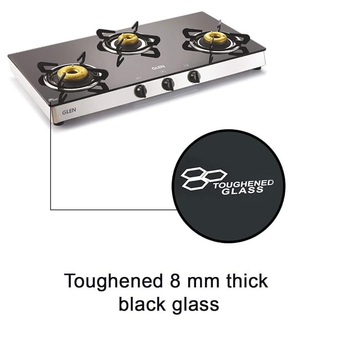 Glen 3 Burner LPG Glass Gas Stove High Flame Forged Brass Burner, Double Drip Trays Extra Wide Black (1038 GT FB)
