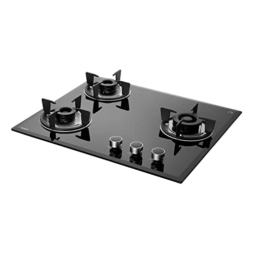 KAFF FBB 603 Built-in Hob/Hobtop 3 Burners, Auto Electric Ignition Glass Top, 60 CM, Full Brass Burner, 8 MM Thick Toughened Glass Bevelled Black Tempered Glass (Black)