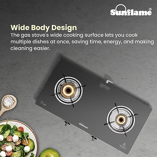 Sunflame Crystal Nova 2 Burner Gas Stove | Dual Drip Trays | 1 Jumbo and 1 Small Brass Burners | 2 Year Product Coverage by Sunflame | Manual Ignition | Toughened Glass Top | PAN India Presen