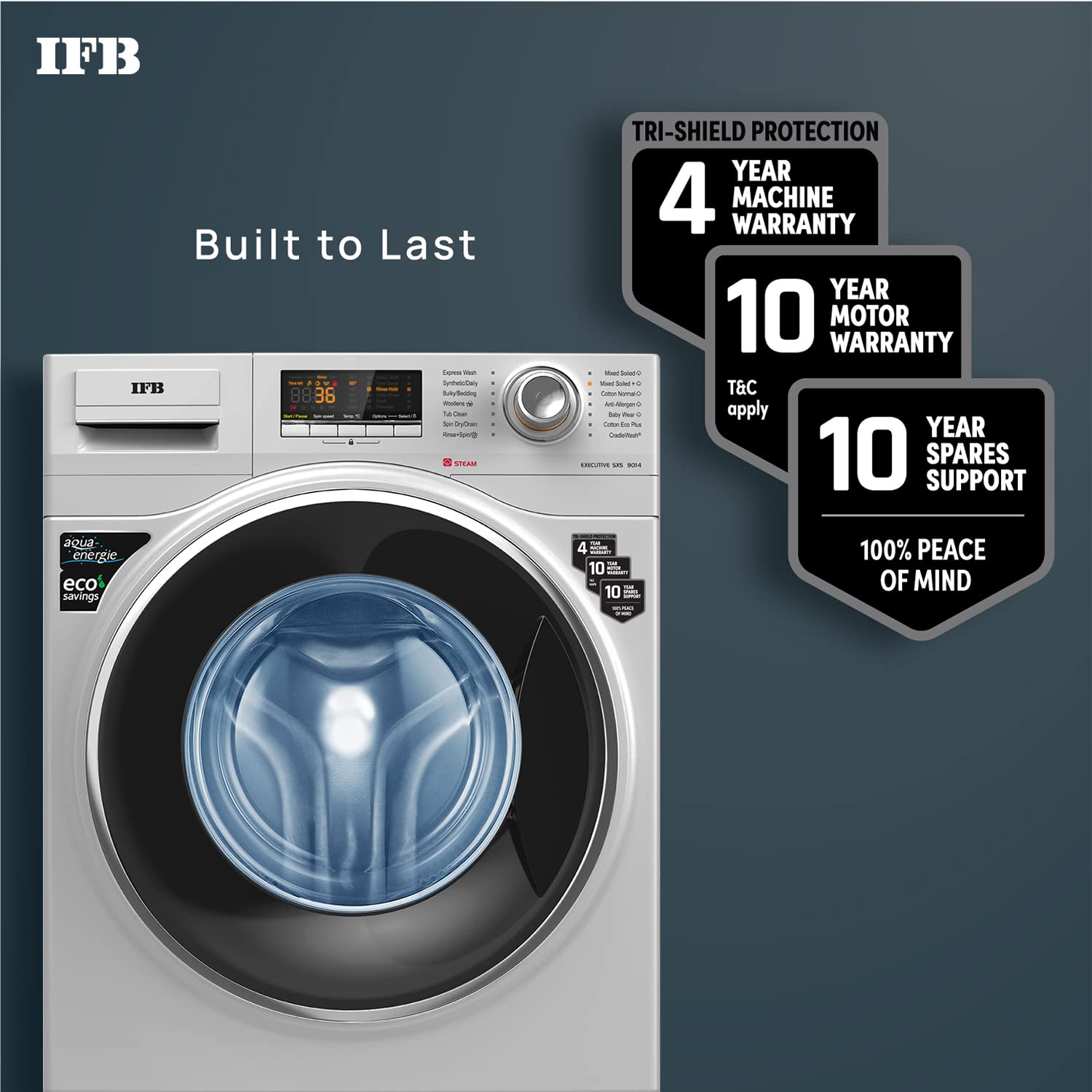 IFB 9 Kg 5 Star Front Load Washing Machine 2X Power Steam (EXECUTIVE SXS 9014, Silver, In-built Heater, 4 years Comprehensive Warranty)