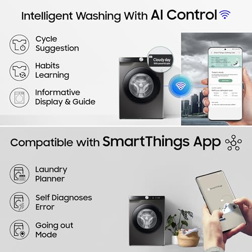 Samsung 8 kg, 5 Star, AI Ecobubble, Wi-Fi, Hygiene Steam with Inbuilt Heater, Digital Inverter, Fully-Automatic Front Load Washing Machine (WW80T504DAX1TL, Inox)