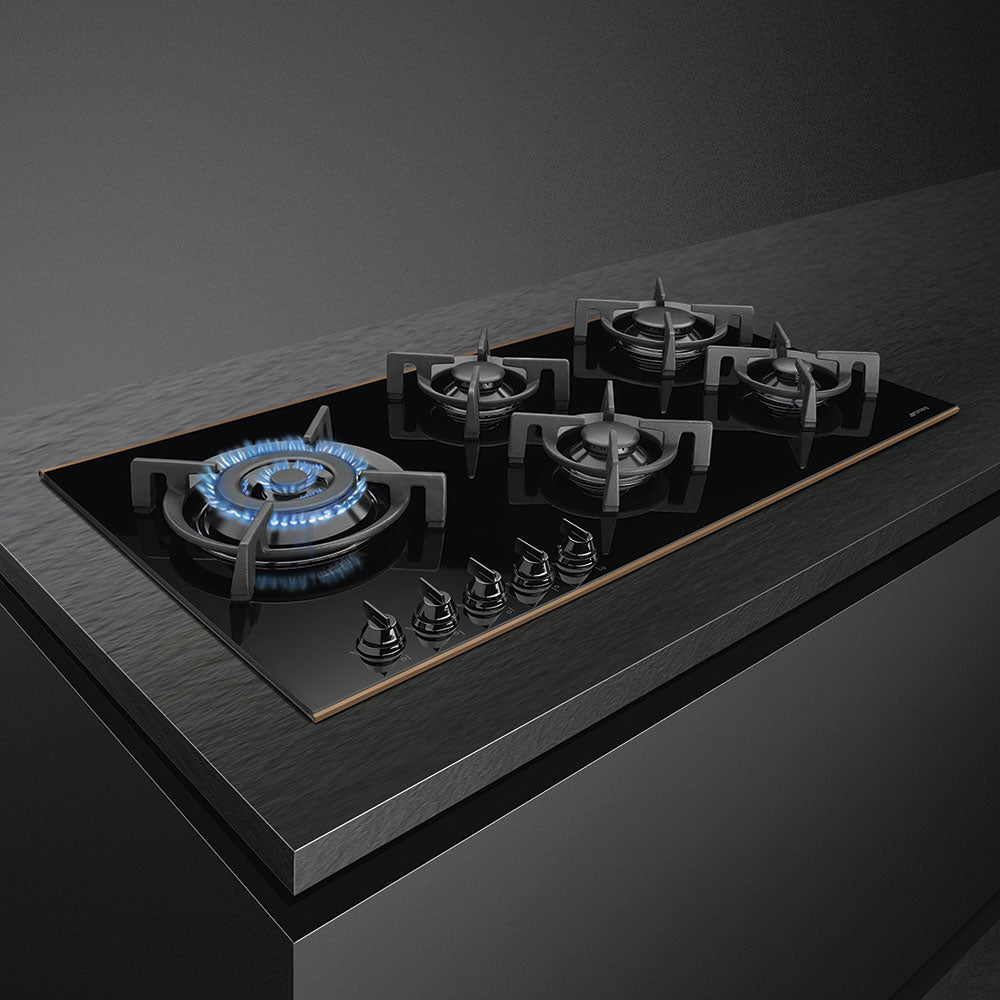Smeg p695lcnr 90cm size90 cm gas-on-glass hob delivering fast, responsive heating and a refined glass surface
