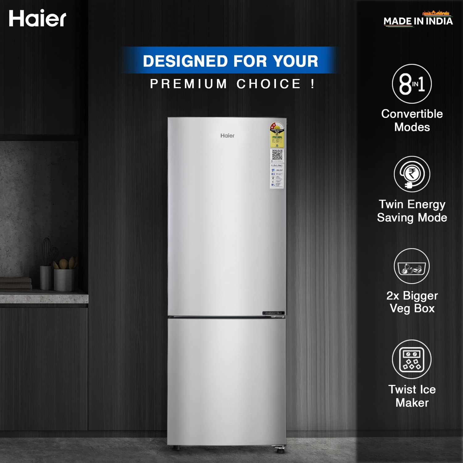 Haier 237L 2 Star Frost Free Double Door Bottom Mount Refrigerator (HEB-242GS-P, Moon Silver,Convertible)