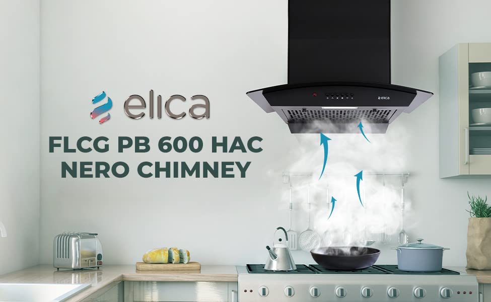 Elica 60 cm 1310 m3/hr Filterless Auto Clean Chimney (FLCG PB 600 HAC NERO, Push Button Control, Black)