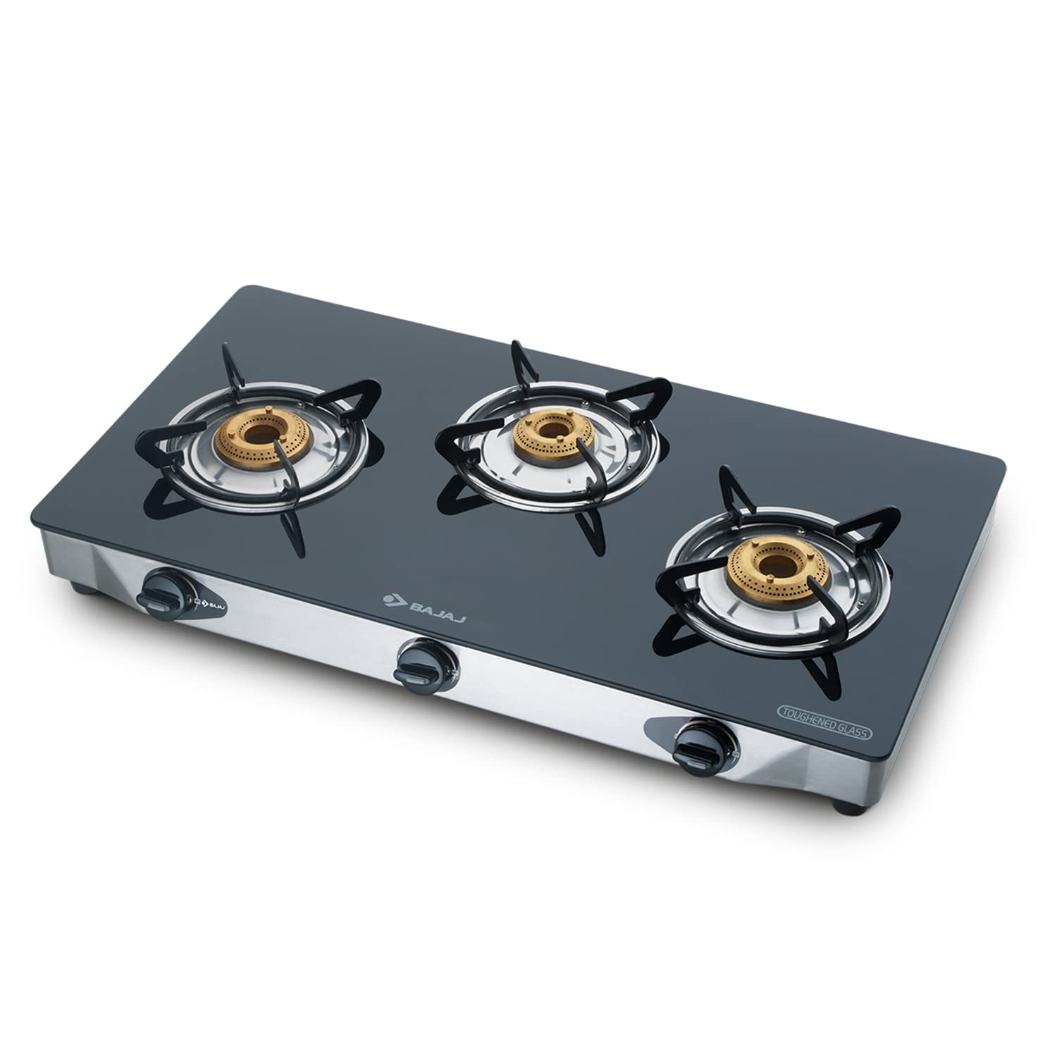 Bajaj CGX3, 3-Burner Open Stainless Steel Glass, ISI Certified, Gas Stove (Black, Manual Ignition)