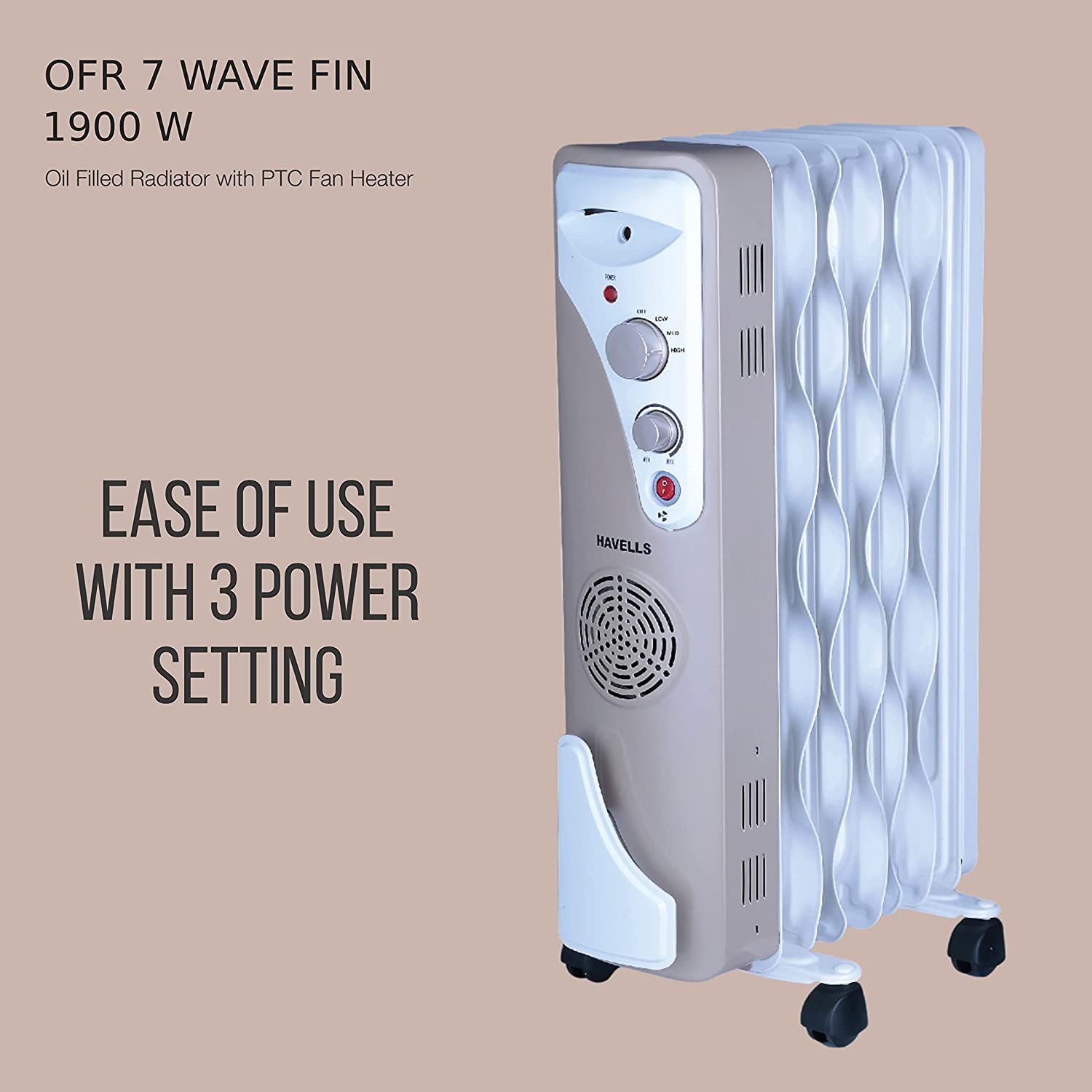 Havells OFR 7 Wave Fins with Fan 1900 watt (Beige), (GHROFBYC190)