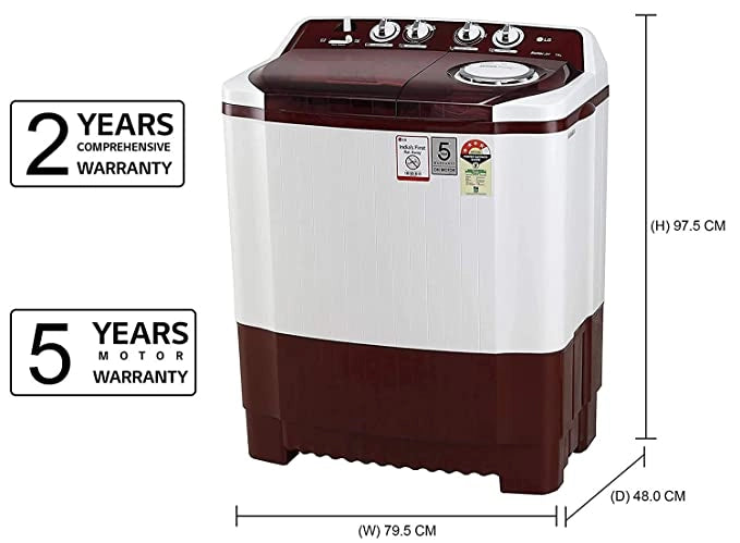 LG P7015SRAY Wash 7Kg and Spin 5.5 Kg, 4 Star, Rust Free Body, Roller Jet Pulsator, Wind Jet Dry, Color: Burgundy