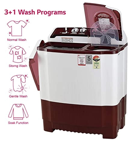 LG P7015SRAY Wash 7Kg and Spin 5.5 Kg, 4 Star, Rust Free Body, Roller Jet Pulsator, Wind Jet Dry, Color: Burgundy