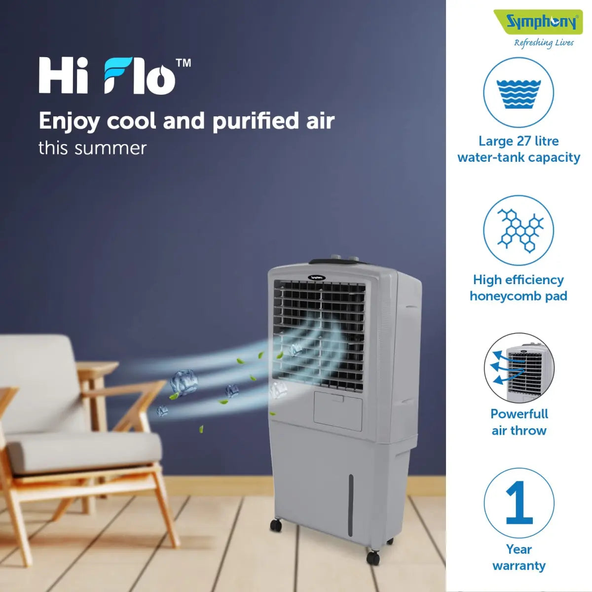 Symphony HiFlo 27 Personal Air Cooler (27L, Gray)
