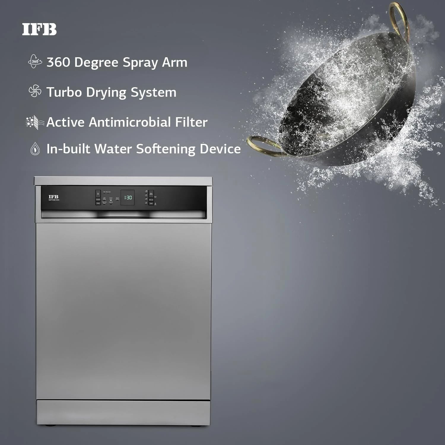 IFB 15 Place Settings with DeepClean® Technology Freestanding Dishwasher (Neptune VX15, Dark Silver, 70° Hot Water Wash with Hygienic Steam Drying, Perfect for Indian Utensils)