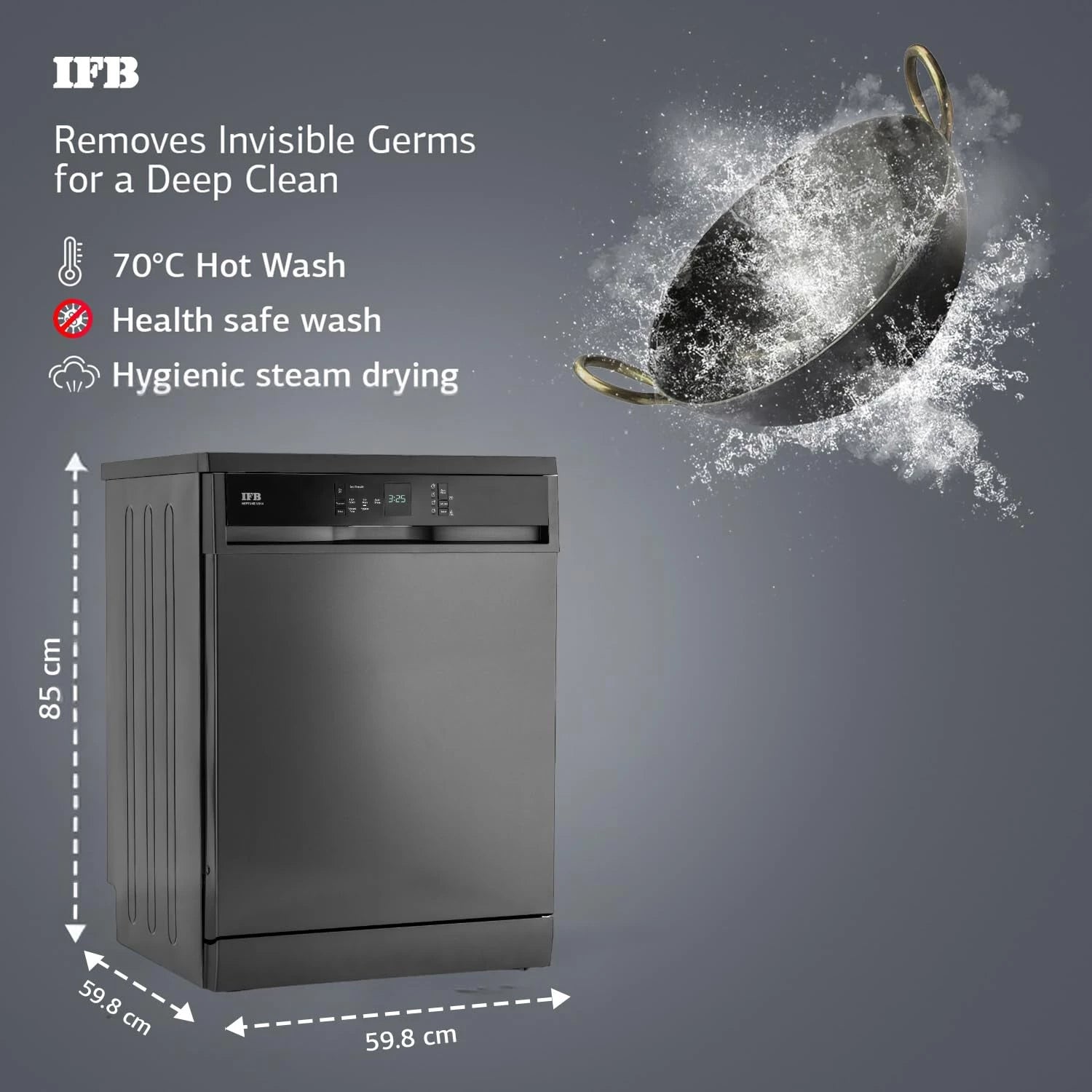 IFB 14 Place Settings with DeepClean® Technology Freestanding Dishwasher (Neptune VX14, Inox Grey, 70° Hot Water Wash with Hygienic Steam Drying, Perfect for Indian Utensils)