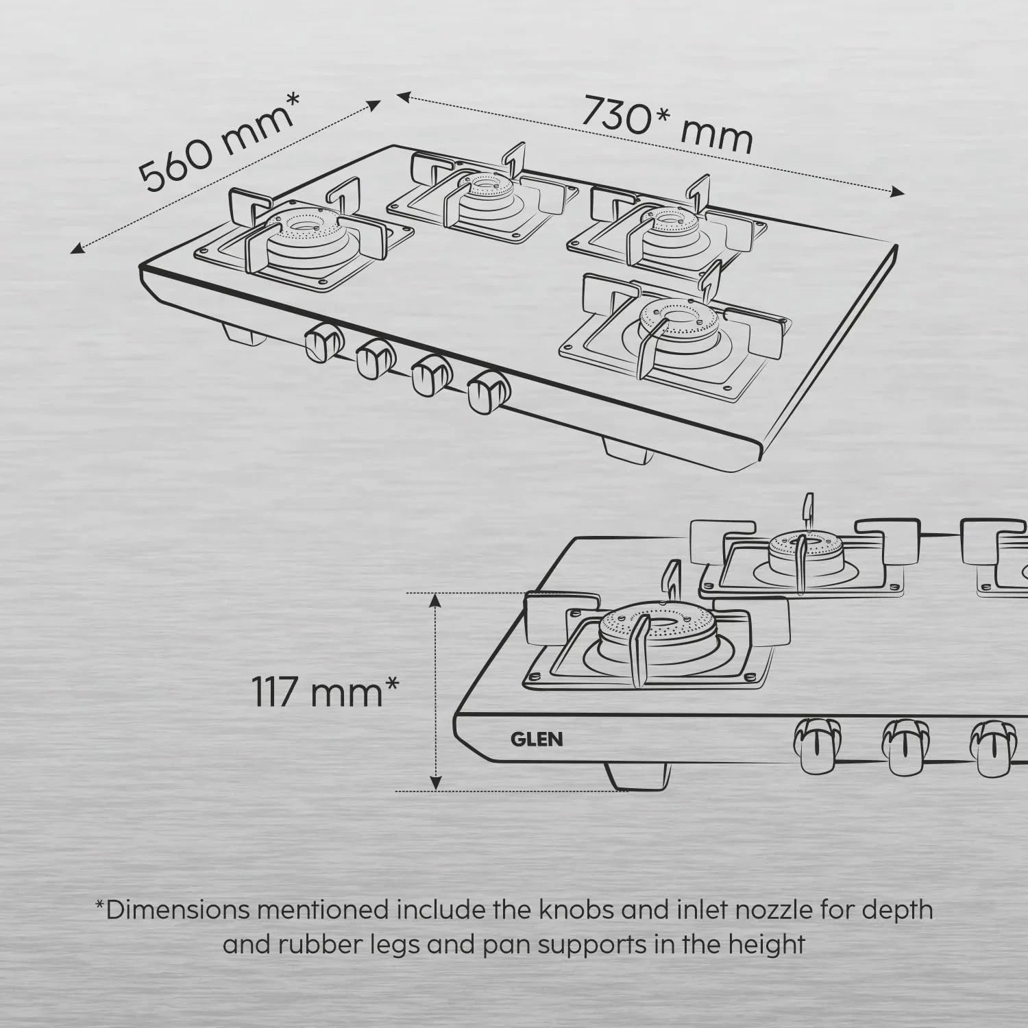 Glen 4 Burner Ultra Tuff Stainless Steel LPG Gas Stove | Silver | Forged Brass Burner | Revolving Inlet Nozzle | 1054 UT SS 73 AI (Auto Ignition)