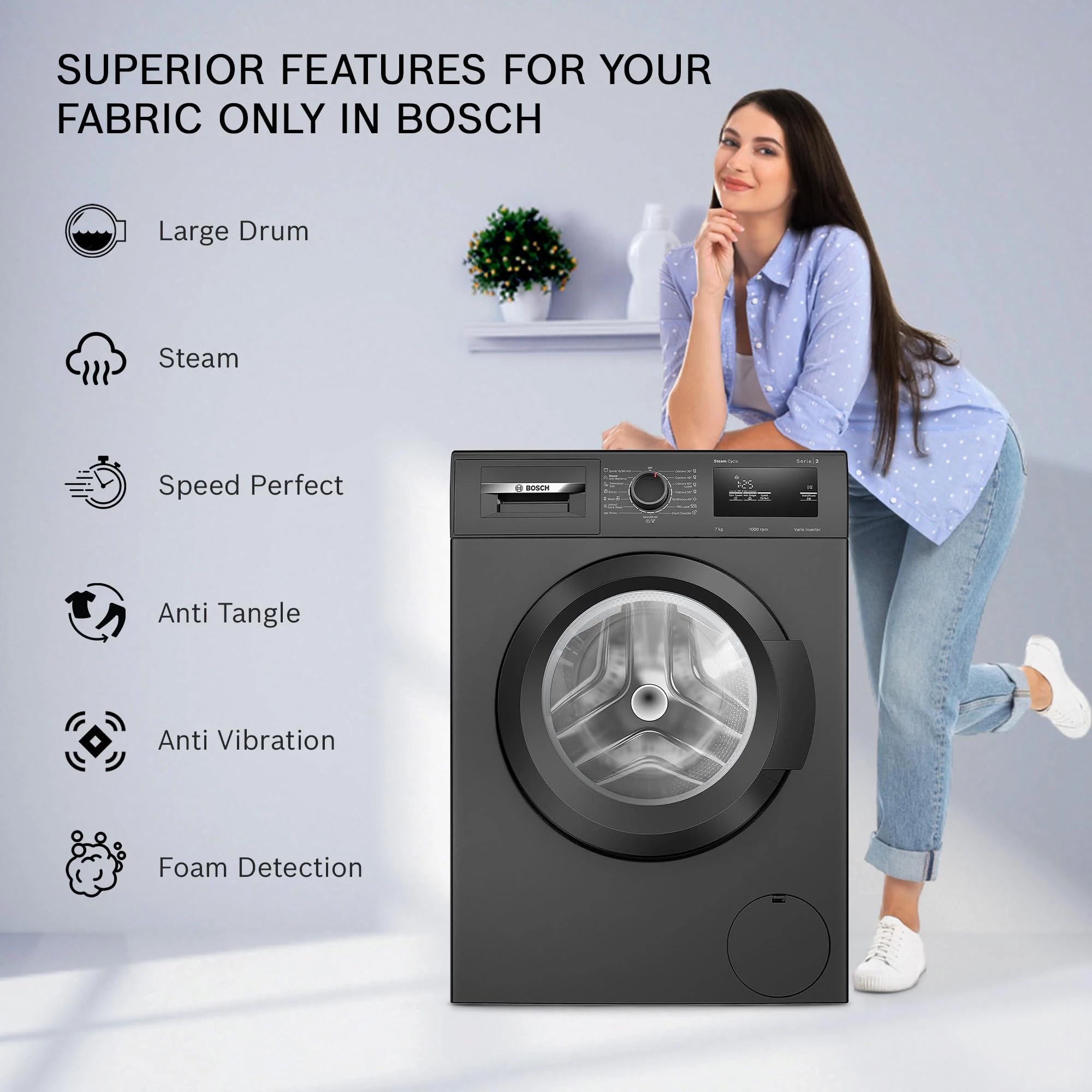 Bosch 7 kg 5 Star Fully-Automatic Front Loading Washing Machine (WAJ20069IN, Black grey, AI active water plus, In-Built Heater)