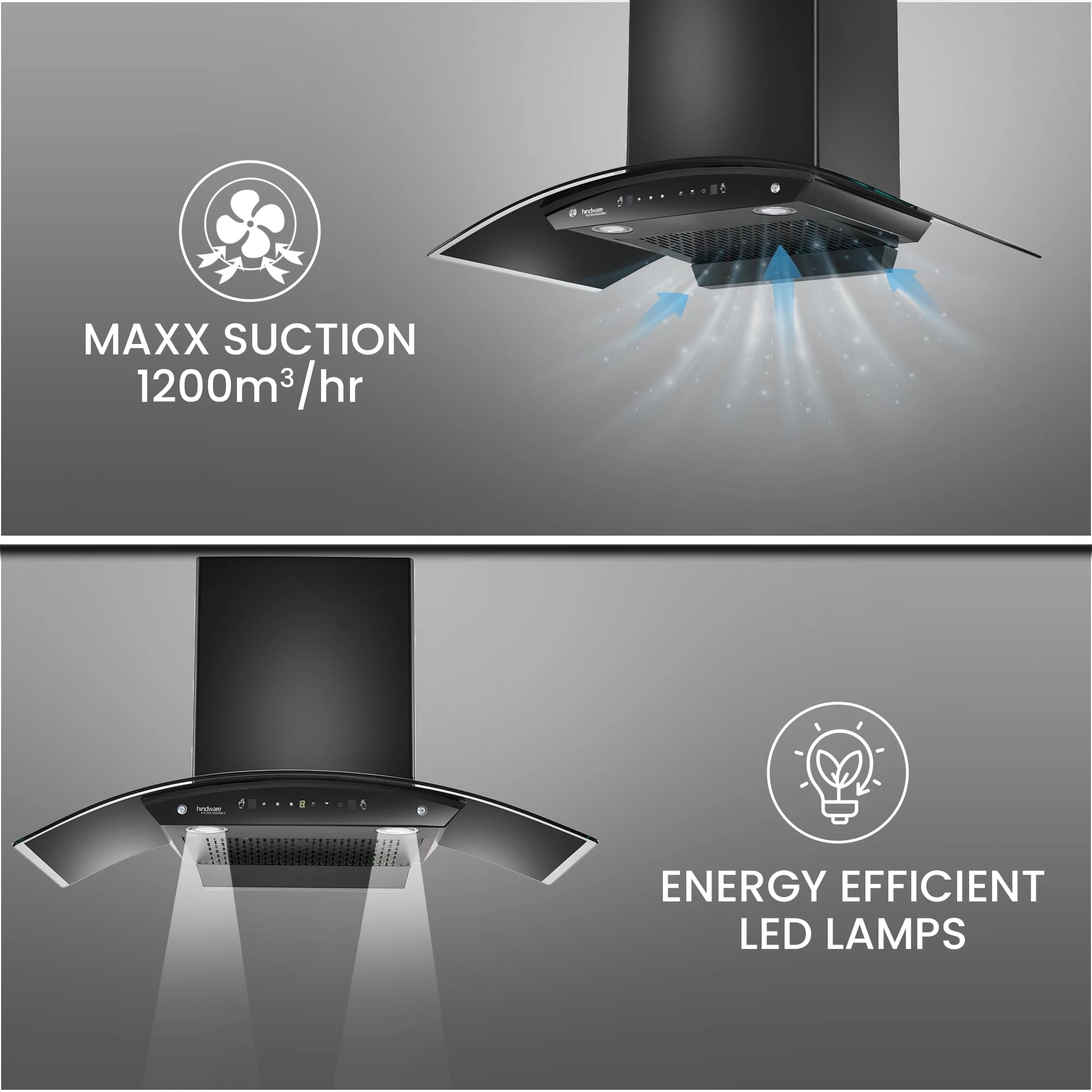 Hindware Smart Appliances | Amyra 90 cm Chimney | 1200 CMH | Auto Clean | Curved Glass | Filterless | Touch Control, Motion Sensor | 5 Yrs Warranty on Motor & 2 Yrs on Product | Wall Mounted (Black)