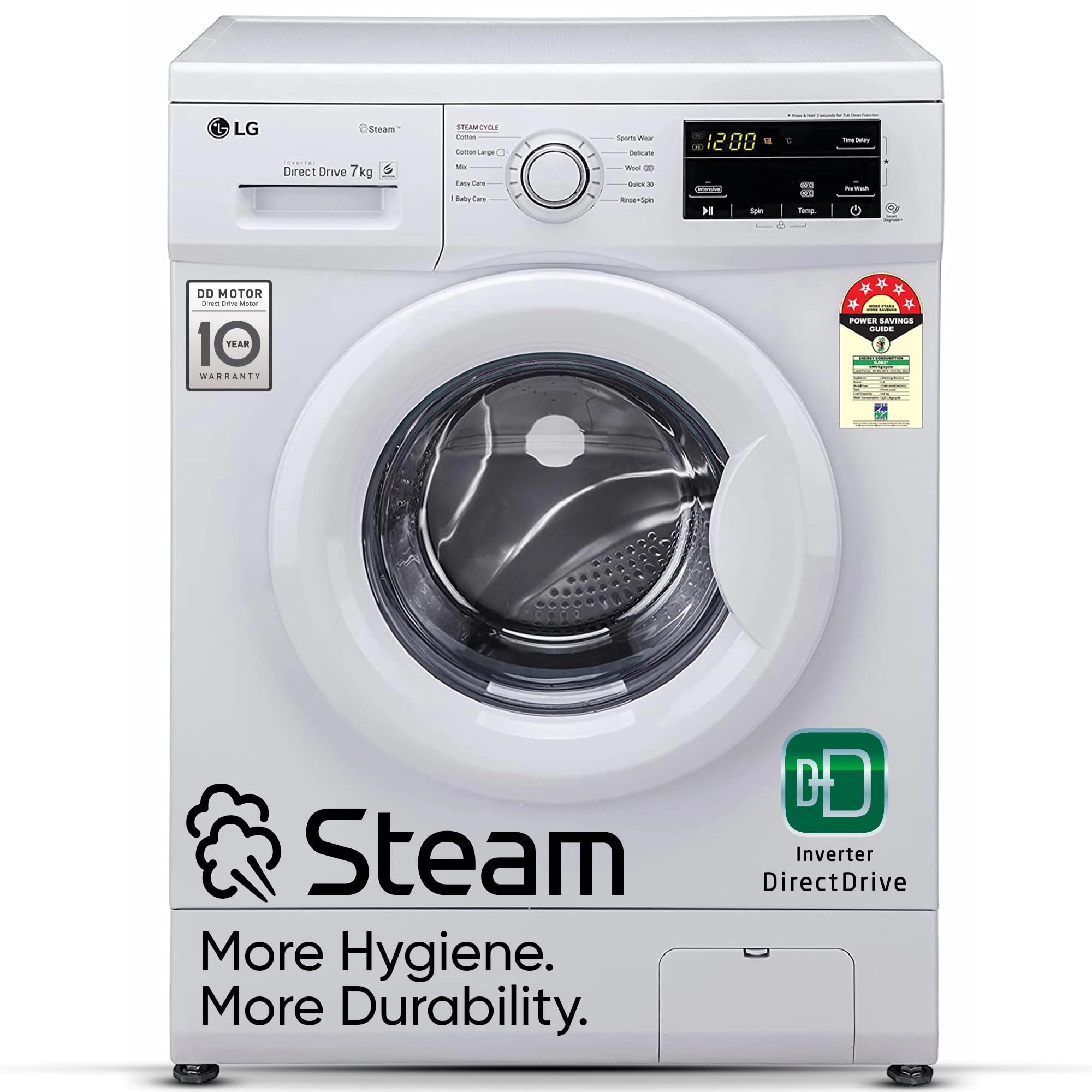 LG 7 Kg 5 Star Inverter Touch Panel Fully-Automatic Front Load Washing Machine with In-Built Heater (FHM1207SDW, White, 6 Motion Direct Drive, 1200 RPM & Steam)