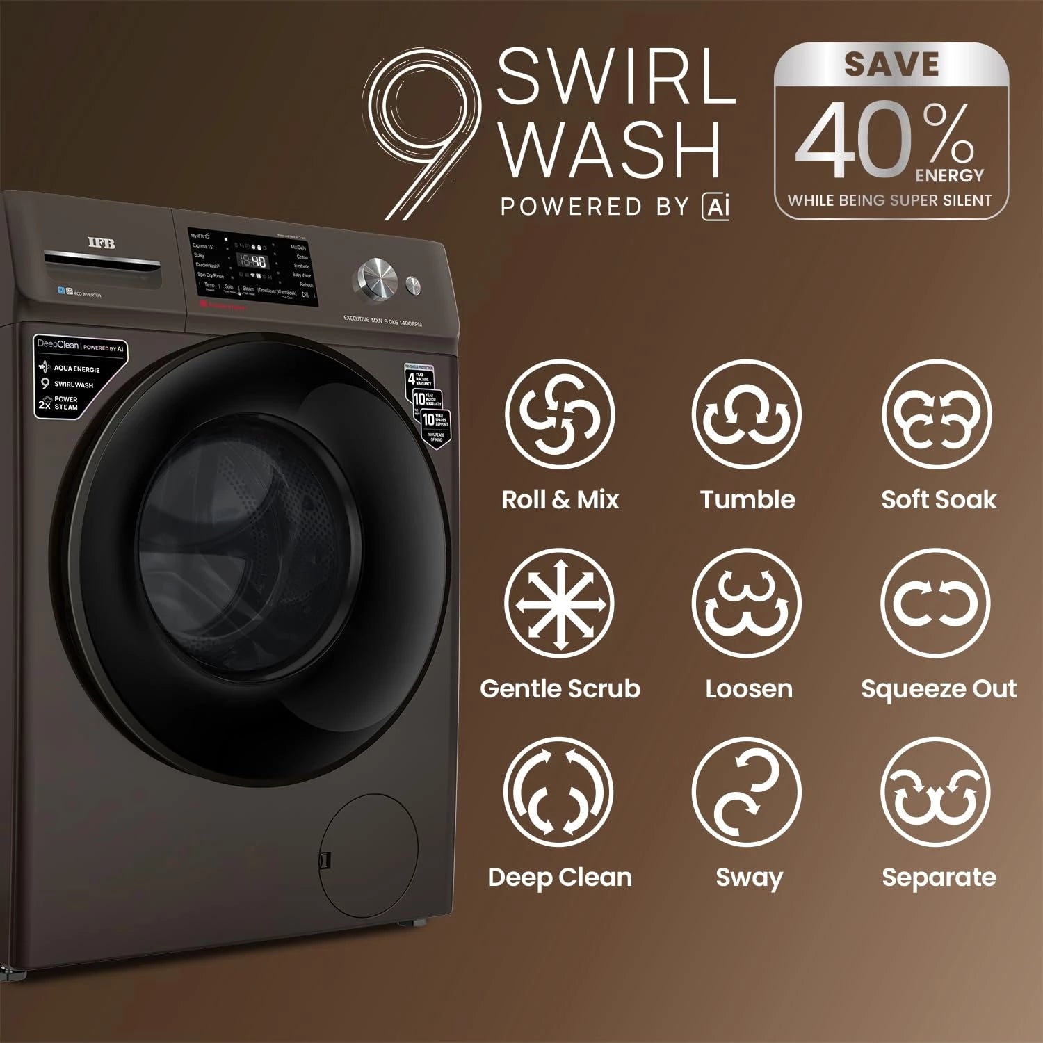 IFB 9 Kg 5 Star, DeepClean® Technology, AI Powered, WiFi, Fully Automatic Front Load Washing Machine (EXECUTIVE MXN 9014K CMS, PowerSteam®, 9 Swirl, Steam Refresh, Inbuilt Heater, Eco Inverter, Mocha)