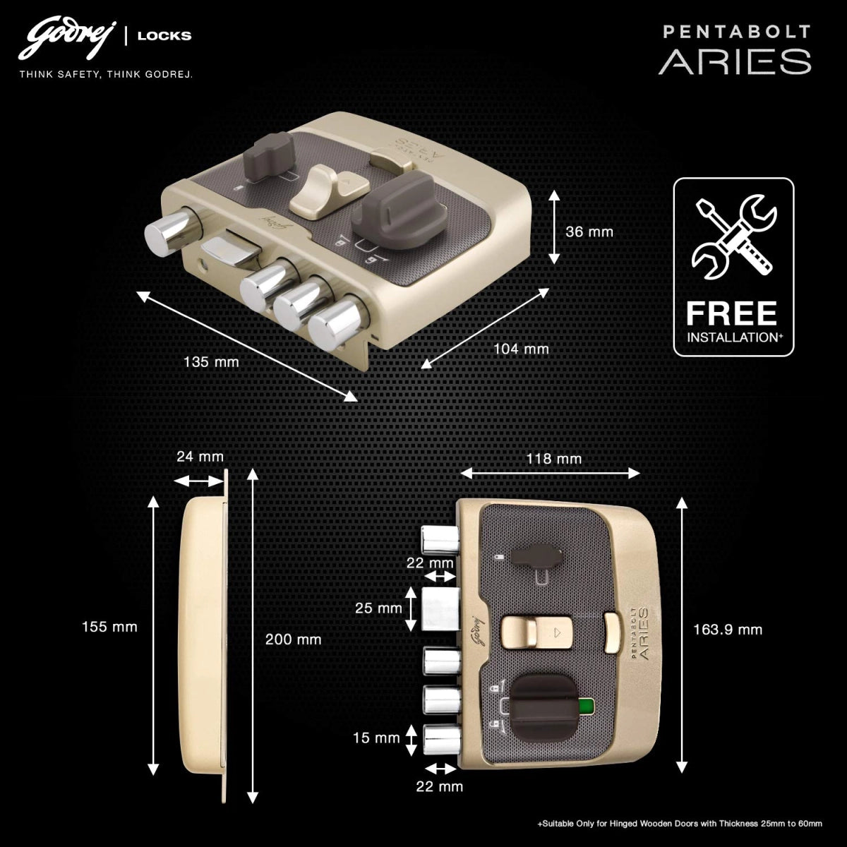 godrej door locks Pentabolt Aries 1CK DB Vegas Gold 6363