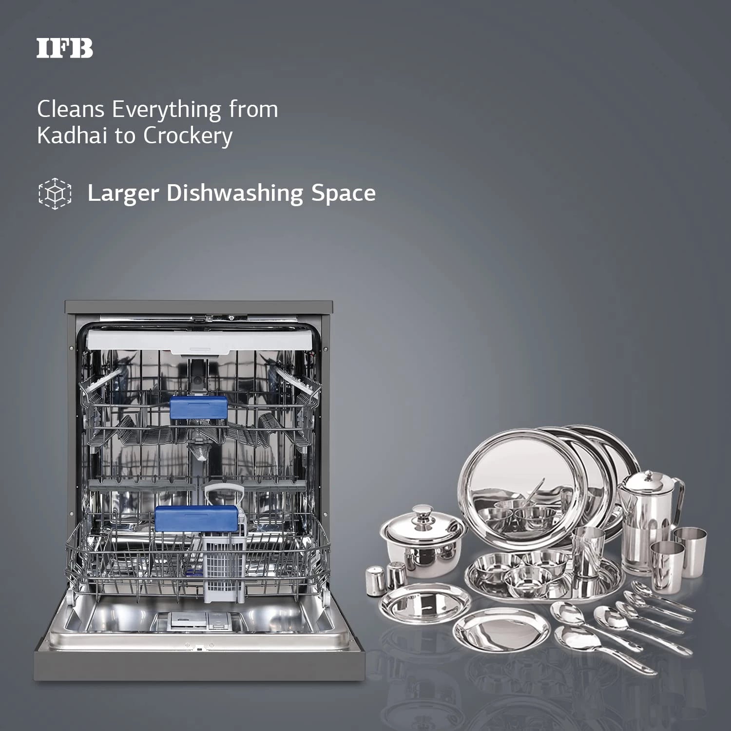 IFB Dishwasher Neptune VX2 Plus, 16 Place Settings, Hot Water Wash, Inox Grey, In Built Heater, Turbo Drying, Perfect for Indian Utensils.