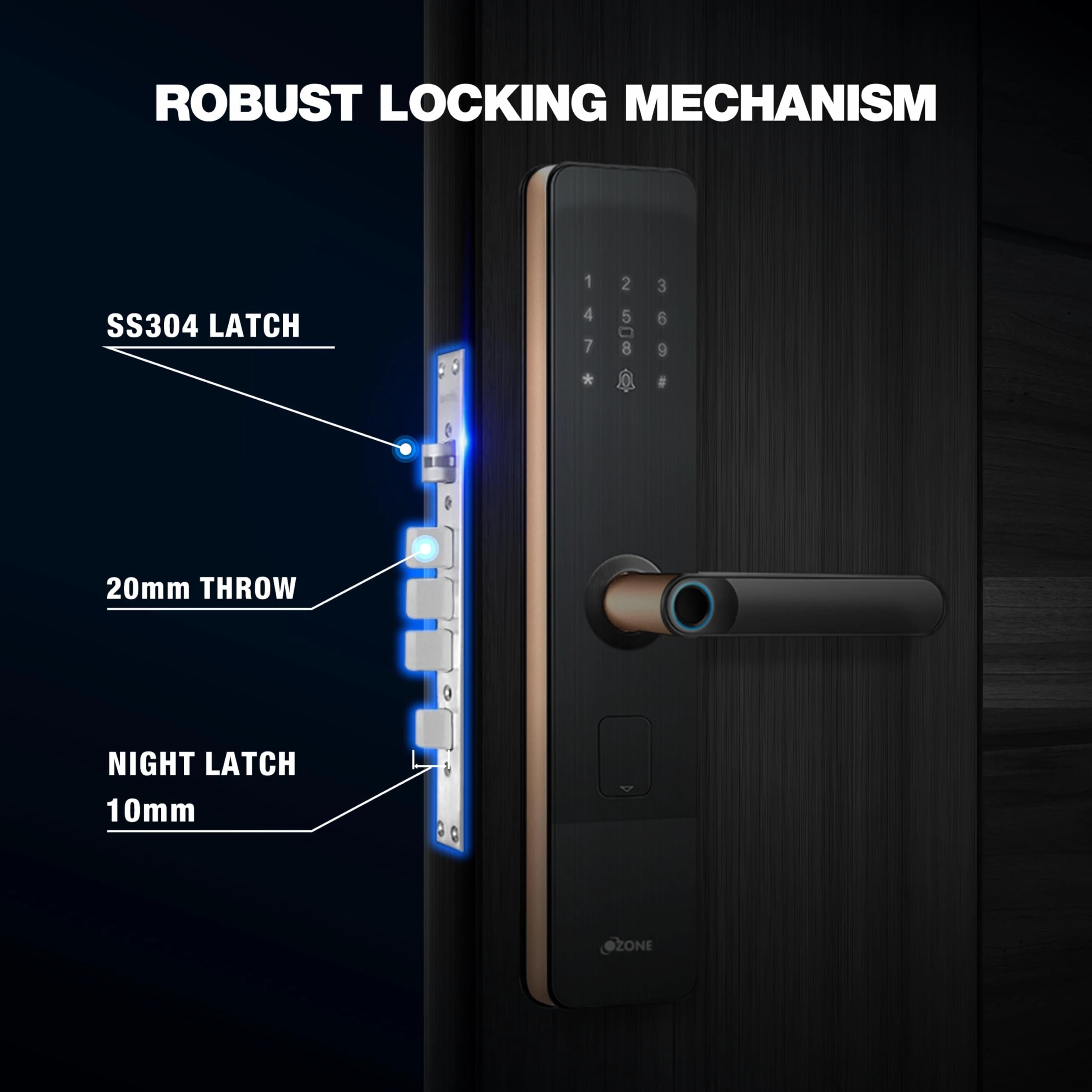 Ozone Smart Bluetooth Lock for Wooden & Metal Doors, 4-Way Access, OzoLife App, Fingerprint, Password, RFID Card, 35-80 mm Door Thickness, Free Installation, 2 Years Warranty (Rose Gold)