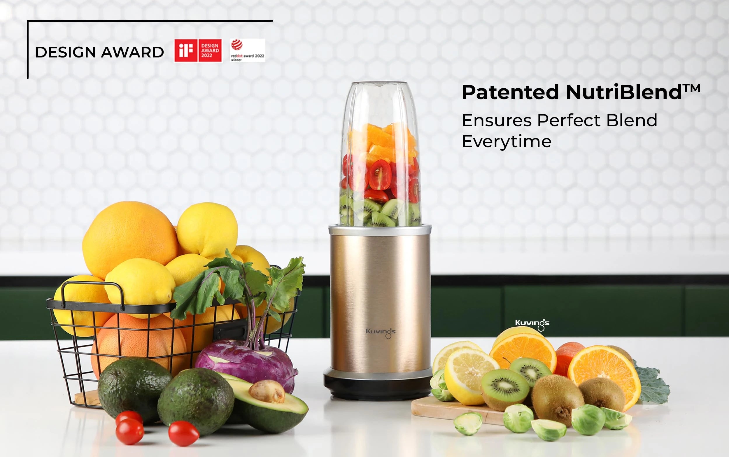 Kuvings Nutri Blender PRO Champagne Gold, Powerful 1000 Watts Motor, Mixer/Grinder/Smoothie Maker, Blender for Smoothies and Juices, Stainless Steel Body, 2 Blade Set: Wet & Dry