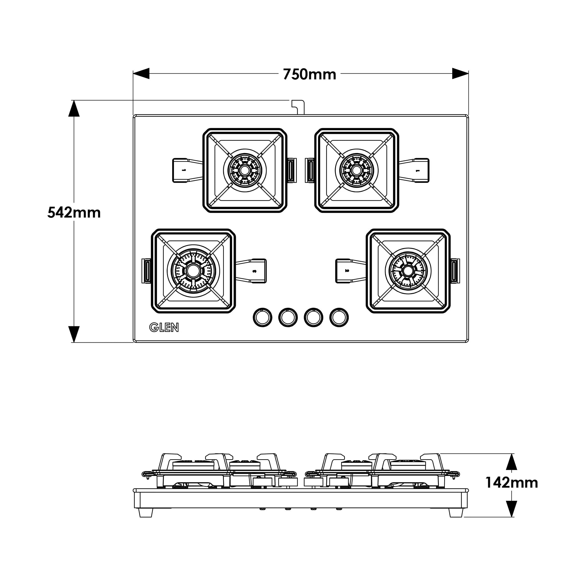 Glen Swift 4 Burner Gas Stove | Removable Multi-Ring Forged Brass Burners | 8mm Toughened Glass Top | Manual Ignition (CT1044GTBLSWIFT)