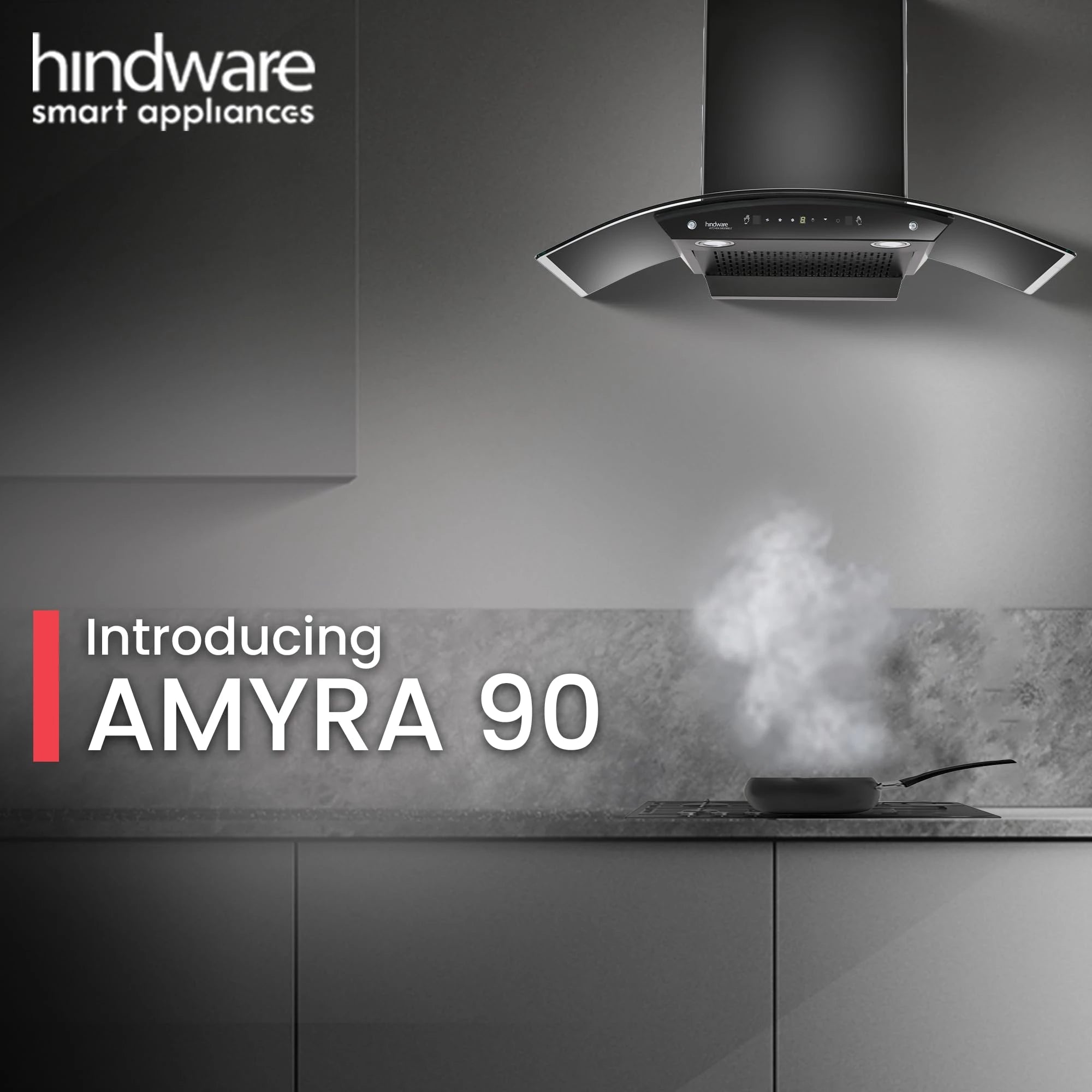 Hindware Smart Appliances | Amyra 90 cm Chimney | 1200 CMH | Auto Clean | Curved Glass | Filterless | Touch Control, Motion Sensor | 5 Yrs Warranty on Motor & 2 Yrs on Product | Wall Mounted (Black)