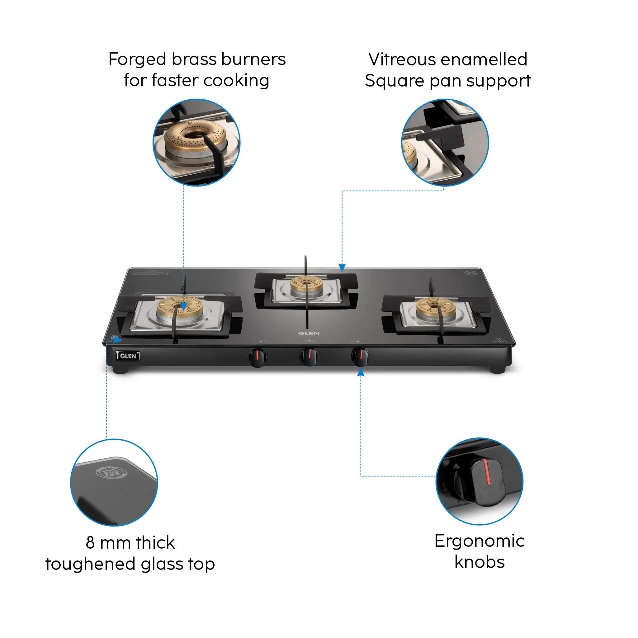 Glen 3 Burner Ultra Slim Glass Gas Stove with High Flame Forged Brass Burner - Manual Ignition (1038 SL SQ BL FB)