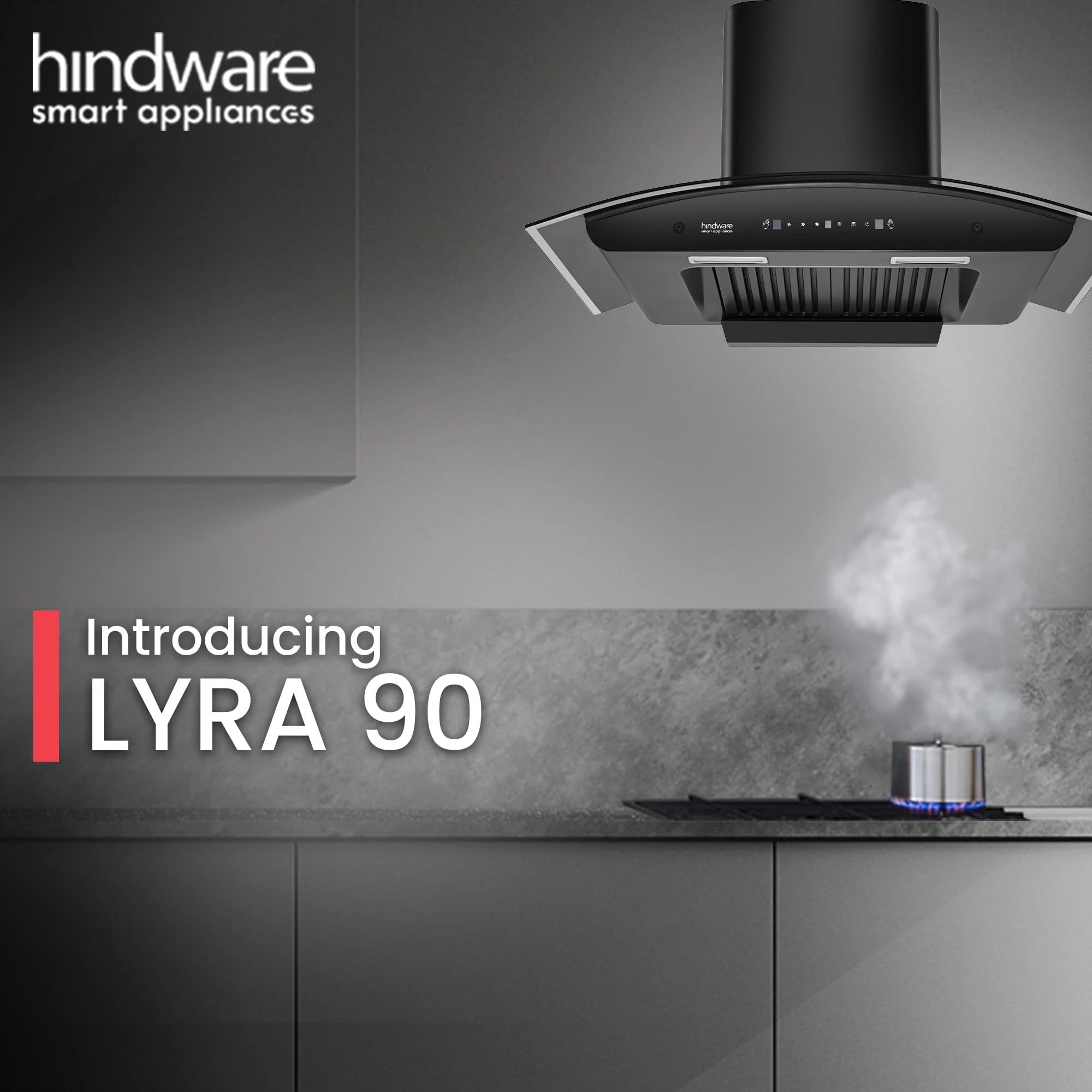 Hindware Smart Appliances Lyra 90 Auto Clean Kitchen Chimney with Max Suction 1300 m3/hr | Energy Efficient LED Lamps | Thermal Auto Clean Technology | Motion Sensor | Kitchen Chimney