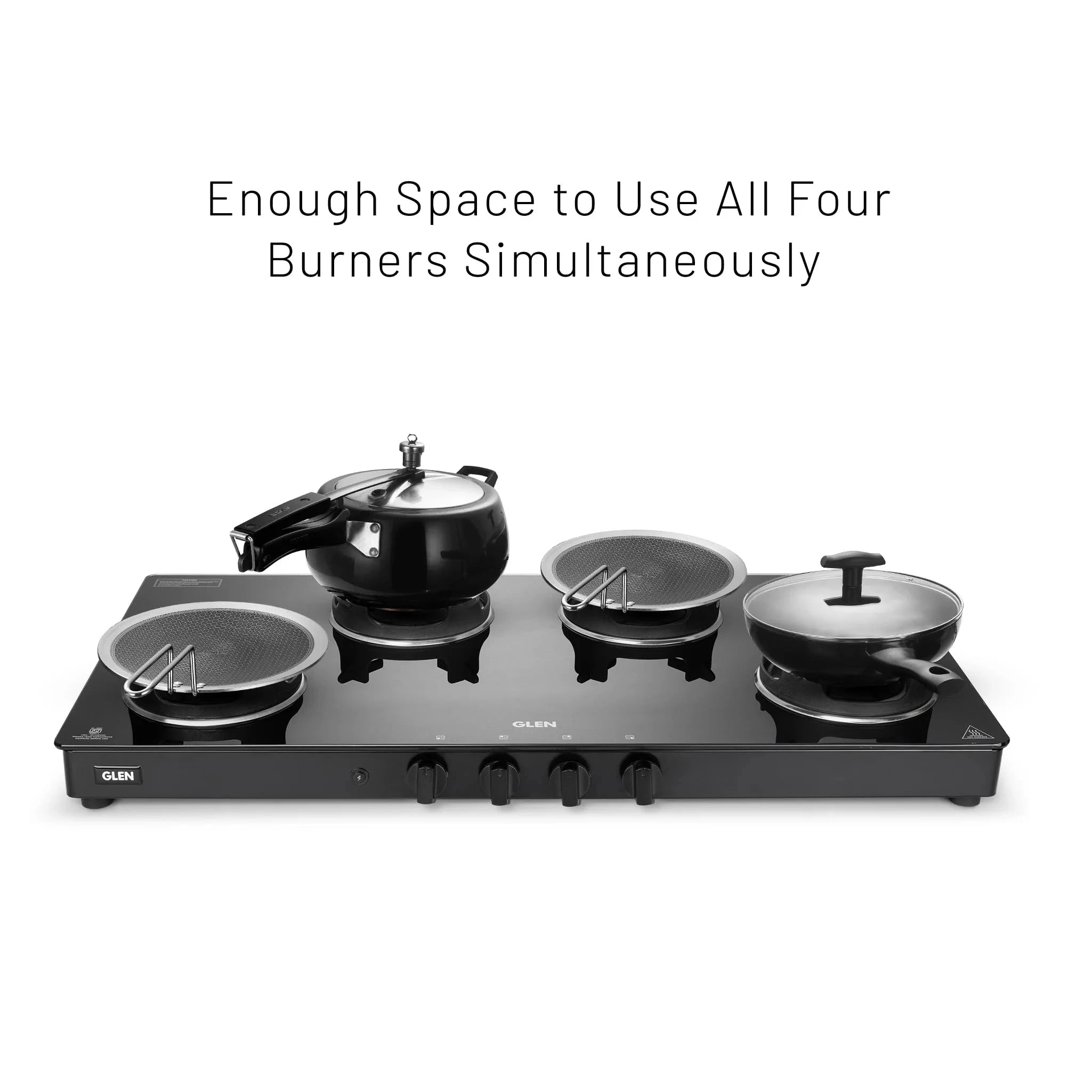 Glen 4 Burner Glass Gas Stove | High Flame Forged Brass Burners | Crown Pan Supports | Toughened Glass Top | ISI Certified | Black (CT1044GTBBBLHFCP)
