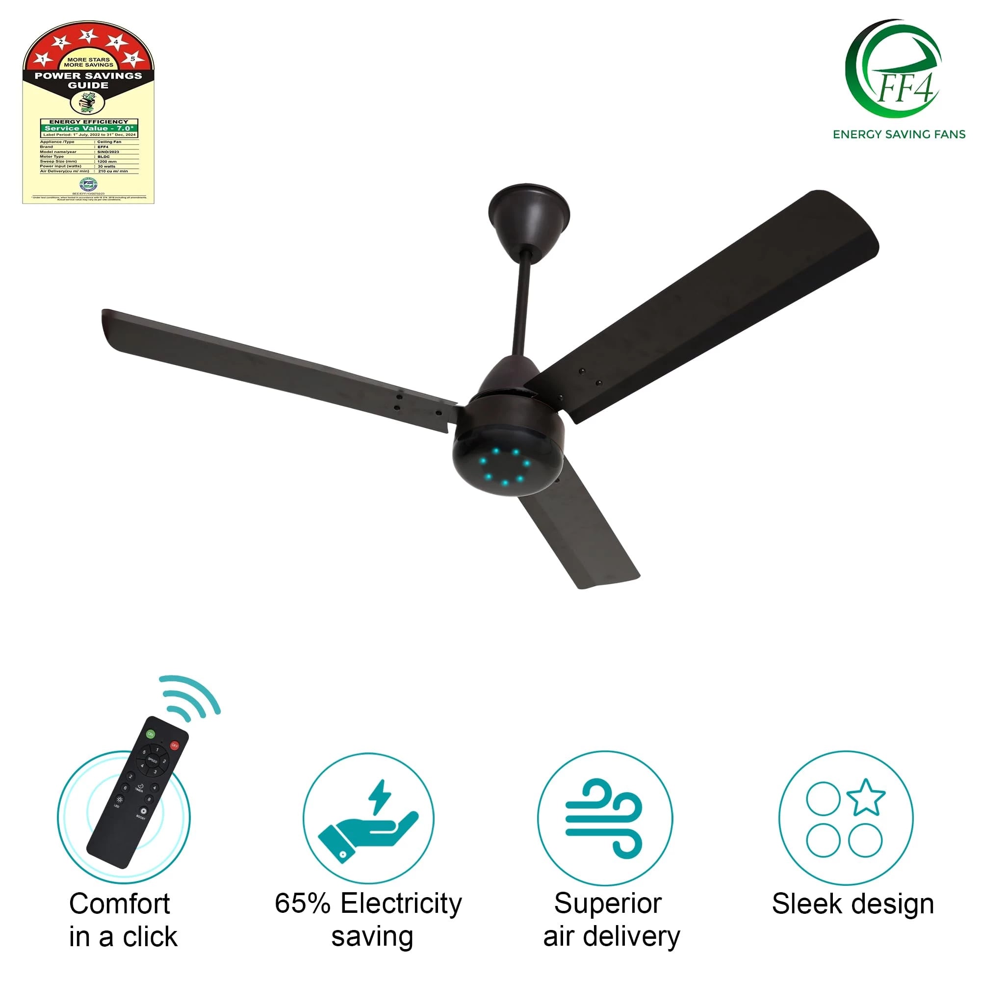 eFF4 Sino1200 mm 3 Blade 5 Star power Saving Ceiling fan with BLDC Motor | Remote control | Decorative Fan with Lights | High Air Flow (Brown - Modern, Pack of 2)