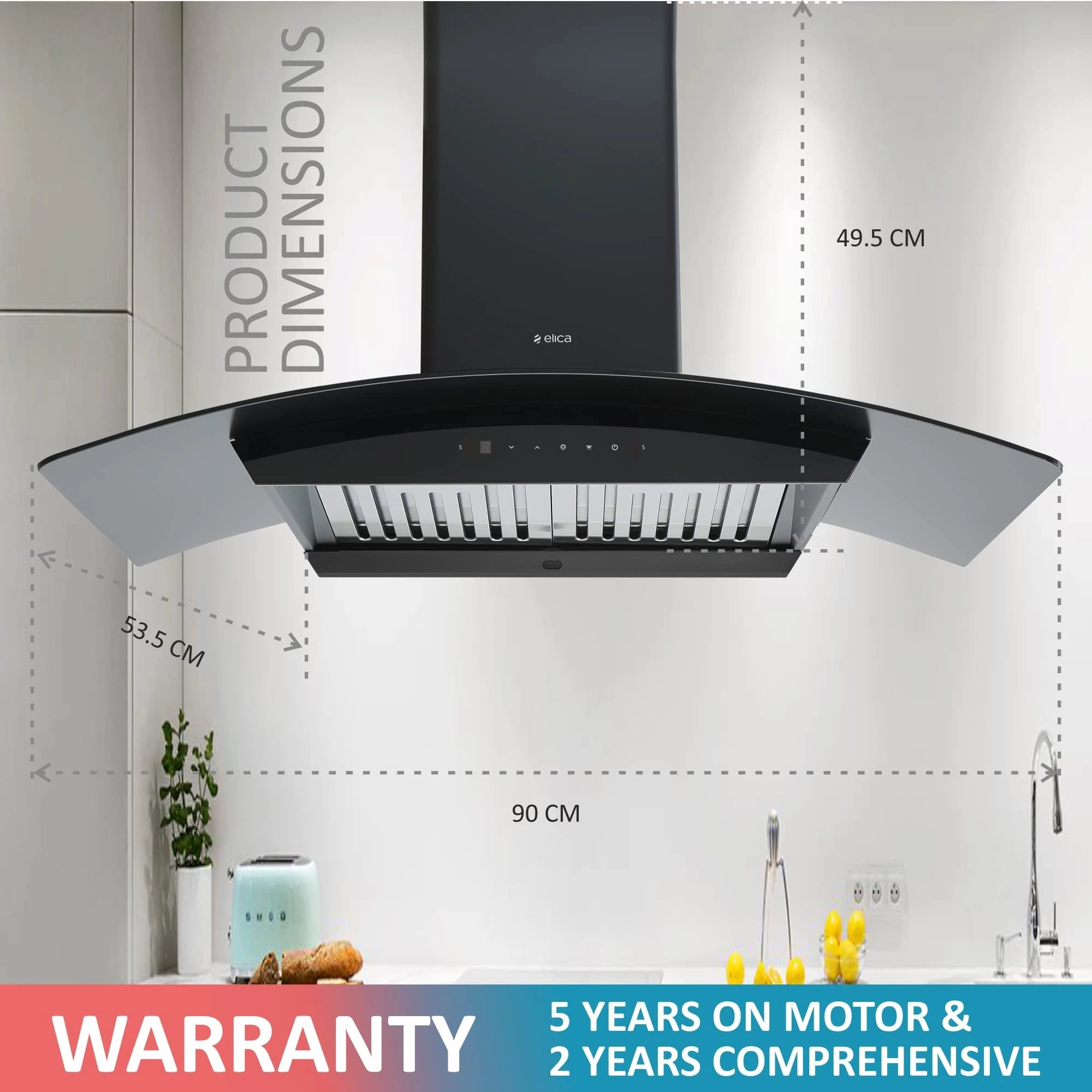 Elica 90cm Autoclean Kitchen Chimney with Brushless DC Motor (WDAT HAC 90 MS BLDC NERO) - 2 Baffle Filters, Touch + Motion Sensor Control, Black