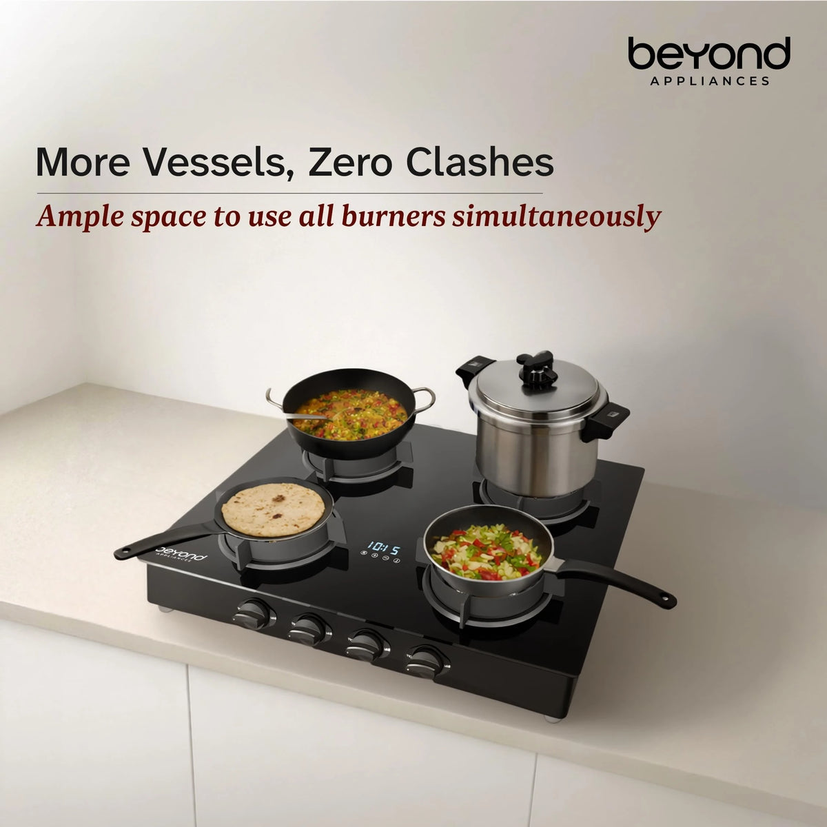 Beyond Appliances Auriga Pro 4 Full Brass Burner Smart Gas Stove | Auto Ignition | Digital Timer | Flame Failure Device | Toughened Glass | ISI Certified, LPG & PNG Compatible, PAN India Service
