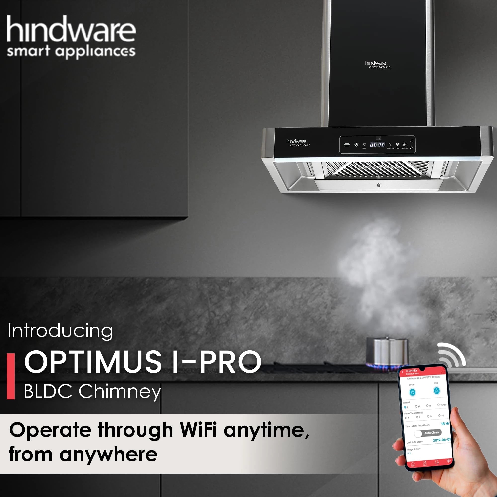 Hindware Smart Appliances Optimus iPro 60 BLDC Kitchen Chimney with Thermal Autoclean Maxx Suction 1900 m3/hr | Efficient Energy | IoT-Enabled | Motion Sensor technology