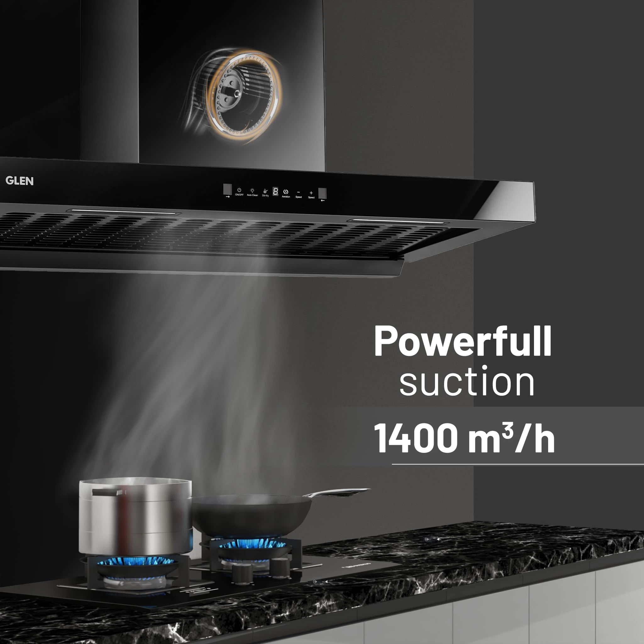 Glen 90cm 1400 m³/hr BLDC T- Shape Kitchen Chimney| Intelligent Auto Clean|Aeration | Filterless|(Hood Selena BLDC 90,Touch & Gesture Control,Black)