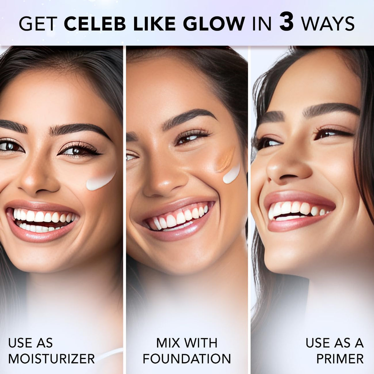 Three faces showing FACES CANADA Strobe Cream used as a moisturizer, mixed with foundation and used as a primer