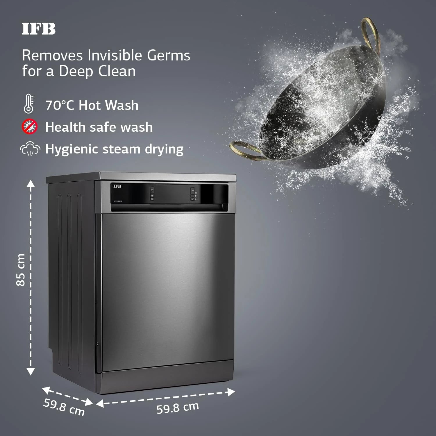 IFB 16 Place Settings with DeepClean® Technology Powered by AI Freestanding Dishwasher (Neptune SX16, Pearl Grey, Auto Door Open for Effective Drying, Interior LED Lighting)