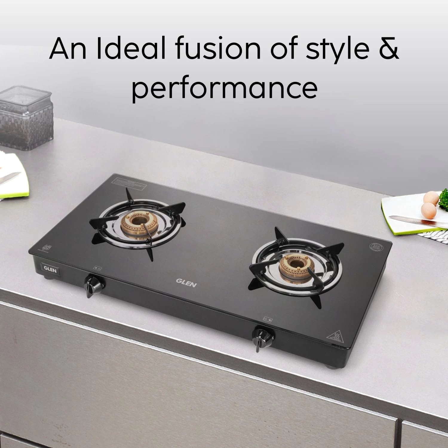 Glen 2 Burner Glass Gas Stove | Toughened Glass Top | Extra Large High Flame Brass Burners | Black | Manual Ignition | ISI Certified (1022 GTXL BB BL)
