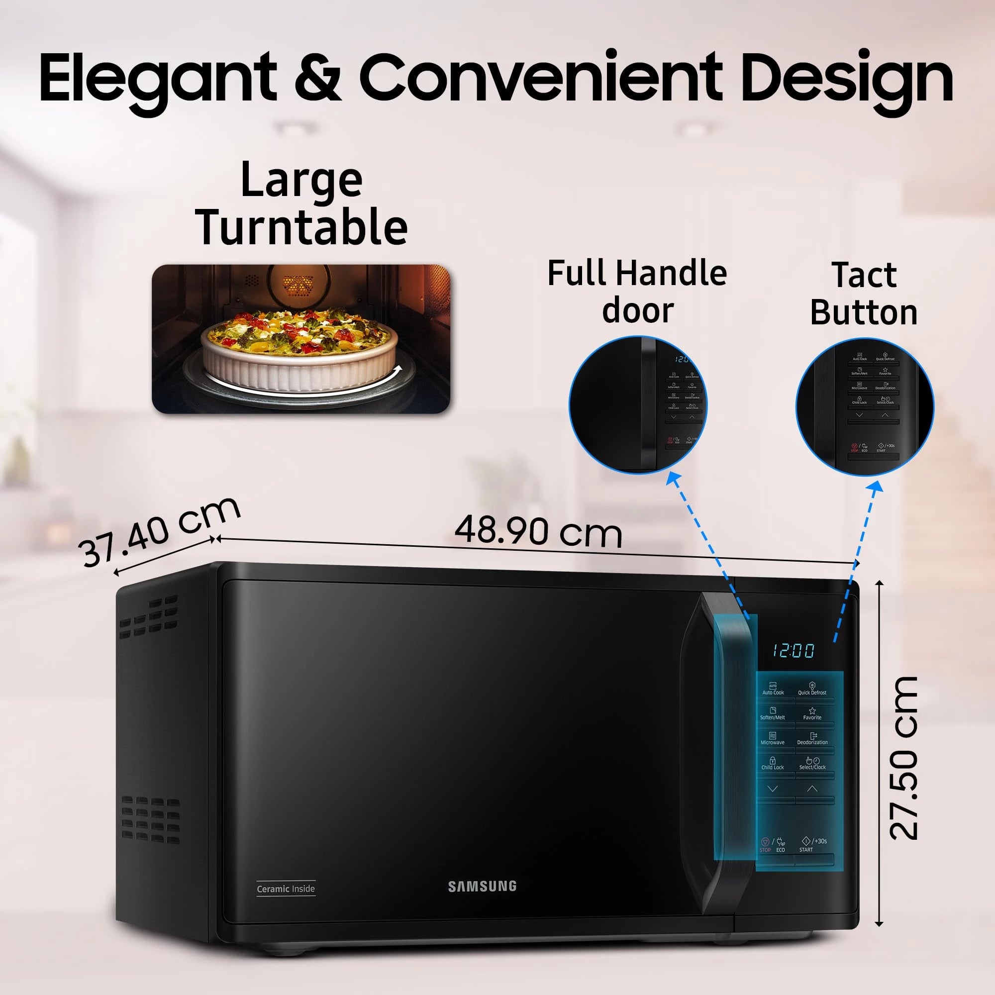 Samsung 23 L Solo Microwave Oven (MS23A3513AK/TL, Black, Auto Cook Programs, Child Safety Lock, Memory Feature, Deodorization, Ceramic Enamel Cavity with 10 year warranty)