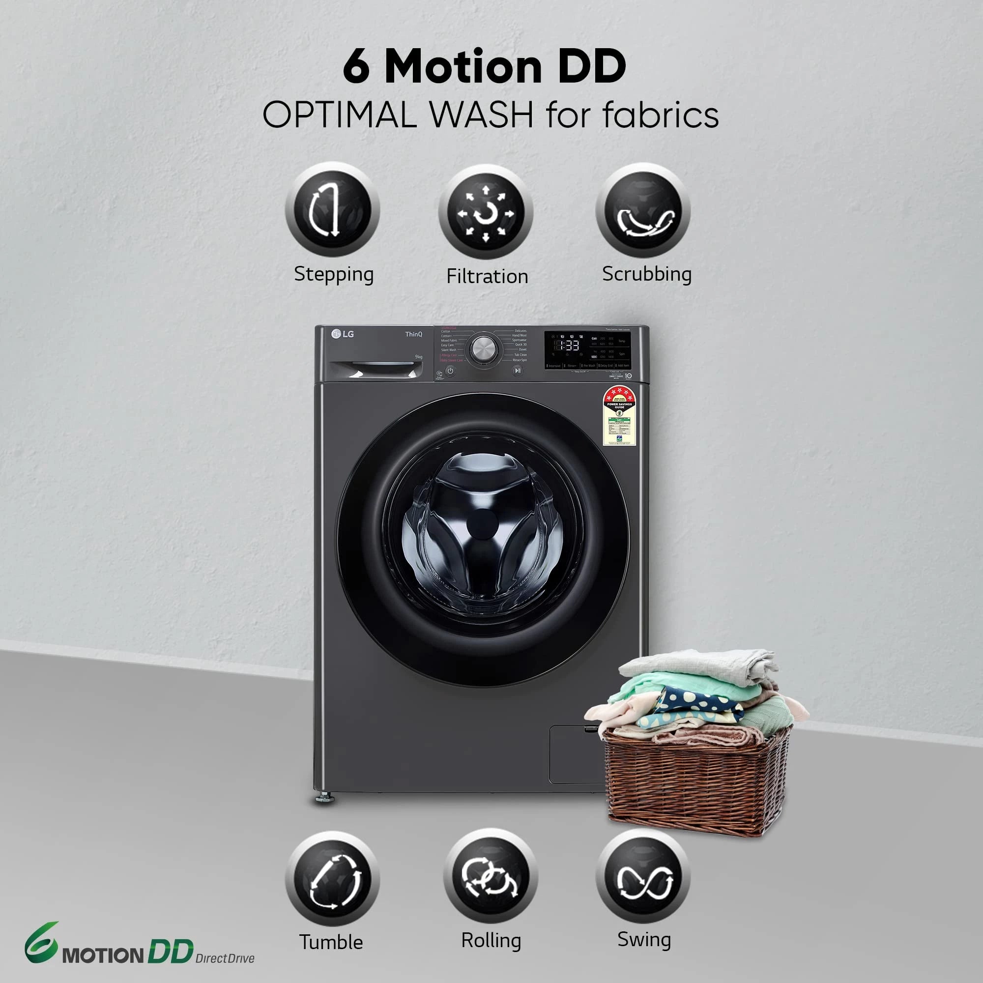 LG Front Load Washing Machine FHP1209Z5M 9 Kg 5 Star Wi-Fi Inverter AI Direct Drive 6 Motion DD & Steam Hygiene Wash In-Built Heater.