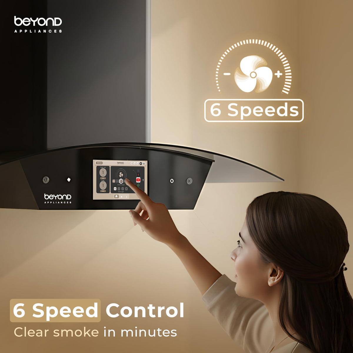Hand touching the Beyond Asteria chimney screen to adjust one of 6 fan speeds
