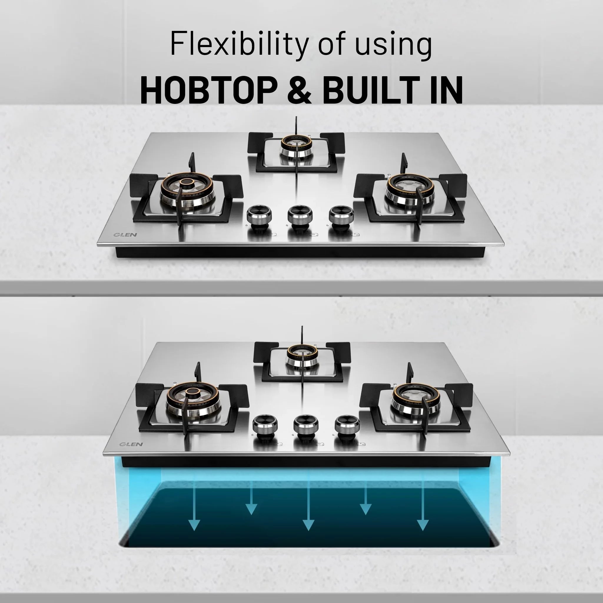 Glen Hob Top 3 Burner Auto Ignition | Dual Use Freestanding & Built In Hob Ultra Tuff Stainless Steel Mini Triple Ring & Double Ring Forged Brass Burners | Hob gas stove 3 burner (BH1073SQHTSSDBMT70)