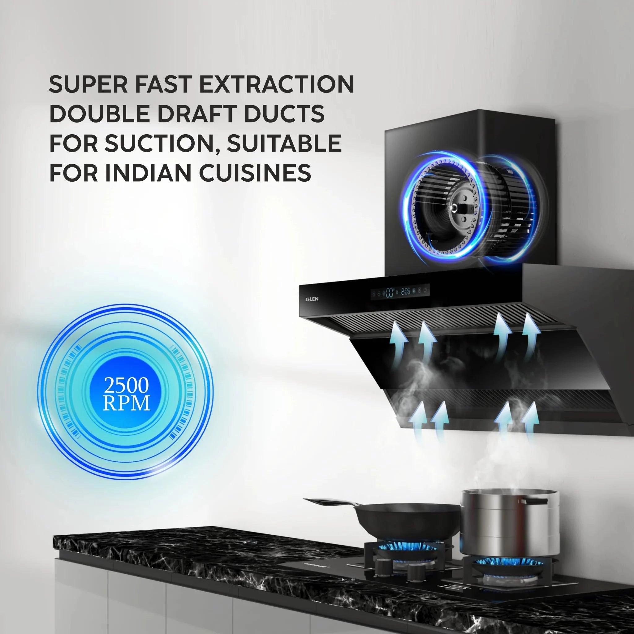 Glen Auto Clean Chimney with Double Draft Suction, Inverter Technology, BLDC Motor 75cm 1400 m3/h - Black (CH 6076 AC)